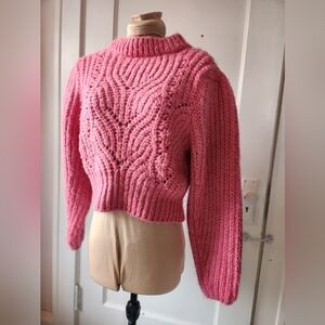 Topshop Bright Pink Cable Knit Cropped Crew Sweater